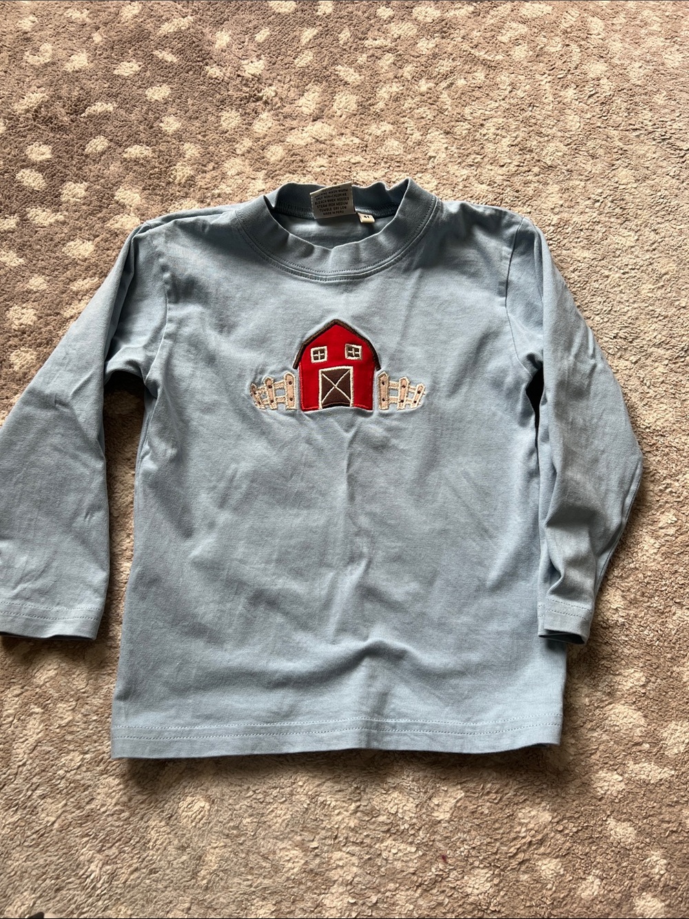 Light Blue Long-Sleeve Kids Tee with Red Barn Applique
